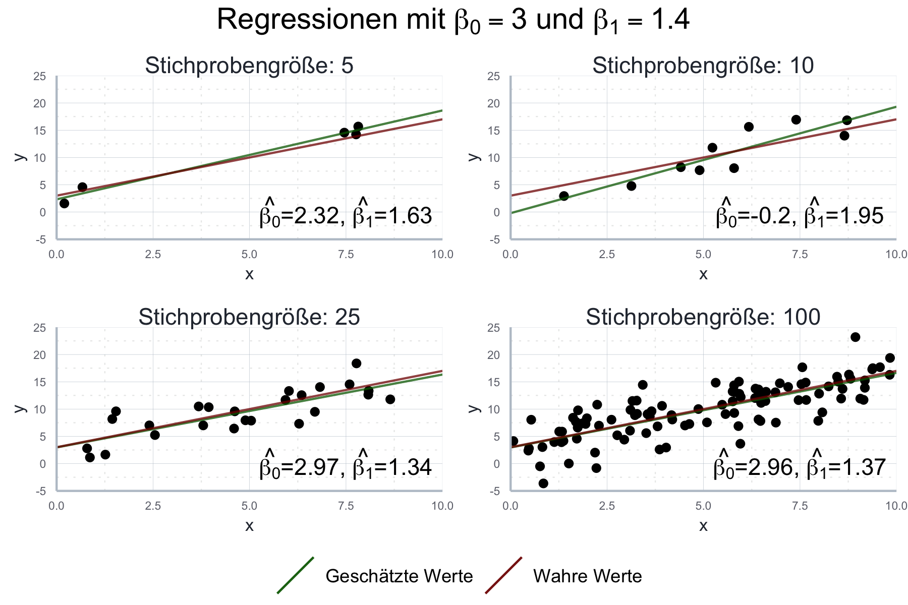 Vergleich der geschätzten Parameterwerte mit den wahren Werten unter verschiedenen Stichprobengrößen.